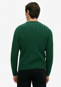 Man in een groene kabelgebreide trui gezien van achteren, gecombineerd met zwarte broek tegen een effen achtergrond.