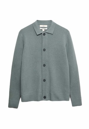 Lichtgrijze gebreide cardigan met een kraag, ribbenboorden en zes zwarte knopen aan de voorkant. Zachte katoenmix.