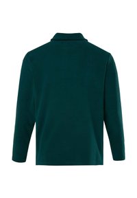 Langärmeliges Poloshirt aus dunkelgrünem Stoff, mit klassischem Kragen und glatter Textur, ohne sichtbare Muster oder Hardwaredetails.