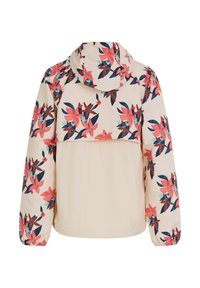 Beżowa kurtka z kapturem ozdobionym koralowo-granatowym kwiatowym nadrukiem na kapturze, ramionach i rękawach, jednolity beżowy dolny tył, elastyczne mankiety.