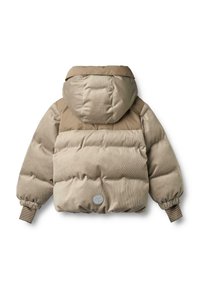 Beige Steppjacke mit Kapuze, gerippter Textur an den Schultern, elastischen Bündchen und einem runden Logo-Patch auf dem Rücken.