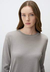 Pull de couleur gris clair à manches longues, avec un col rond et un tissu doux et texturé. Présente un léger éclat et une silhouette ajustée.