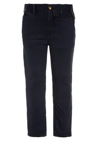 Marinblå bomullsbyxor med slim fit, med knappstängning fram, bälteshällor och sidofickor. Slät textur med minimala detaljer.