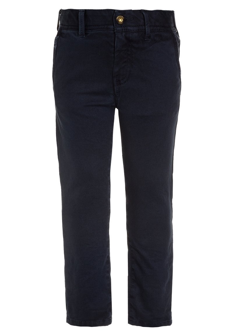 Marinblå bomullsbyxor med slim fit, med knappstängning fram, bälteshällor och sidofickor. Slät textur med minimala detaljer.