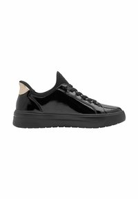Black patent leather sneaker with a smooth finish, round toe, matching black laces, and a beige accent at the heel. Rubber sole.
