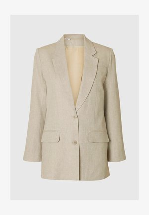 Vaalea beige pellavablääzeri, jossa on lovellinen kaulus, yksittäinen nappikiinnitys ja kaksi etutaskua. Sujuva rakenne ja rento istuvuus.