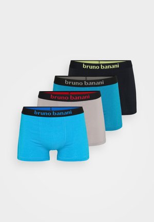 Blaue Boxershorts mit einem schwarzen elastischen Bund, auf dem der Markenname "bruno banani" aufgedruckt ist. Der Stoff wirkt weich und glatt.