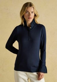 Tmavomodrý top s dlhým rukávom, vysokým golierom a volánikovými detailmi, so zapínaním na gombíky a rozšírenými manžetami. Hladká, elastická látka.