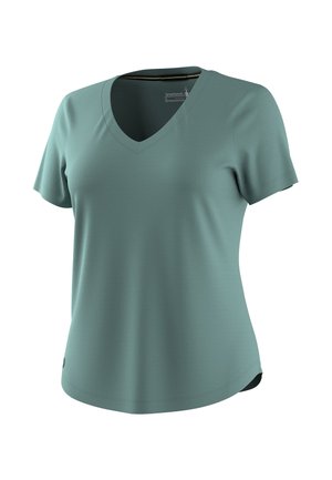 Metsänvihreä naisten lyhythihainen V-pääntiepaita, jonka helmassa on hieman kaareva muoto, esitetty valkoisella taustalla.