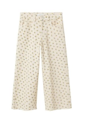 Pantalons évasés beige à motif floral en coton. Présente de petites fleurs jaunes et bleues avec poches avant et fermeture à bouton.