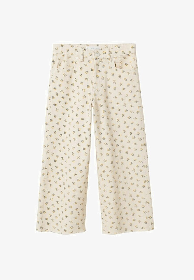 Pantalons évasés beige à motif floral en coton. Présente de petites fleurs jaunes et bleues avec poches avant et fermeture à bouton.