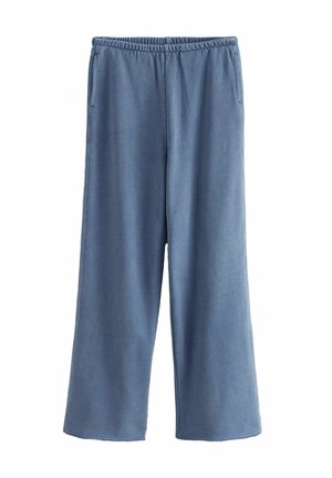 Pantaloni azzurri chiari a gamba larga realizzati in tessuto morbido, con una vita elasticizzata, due tasche laterali e una superficie liscia.