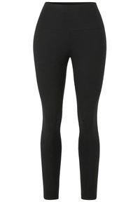 Zwarte legging met een hoge tailleband. Gemaakt van rekbaar materiaal, met een gladde textuur en een nauwsluitende silhouette zonder zichtbare naden.
