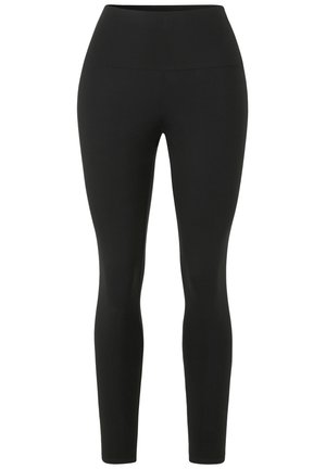 Leggings neri con un alto punto vita. Realizzati in un tessuto elasticizzato, presentano una texture liscia e una silhouette aderente senza cuciture visibili.