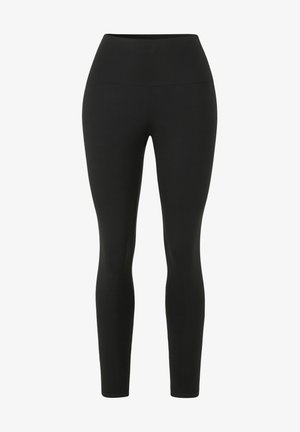 Leggings neri con un alto punto vita. Realizzati in un tessuto elasticizzato, presentano una texture liscia e una silhouette aderente senza cuciture visibili.