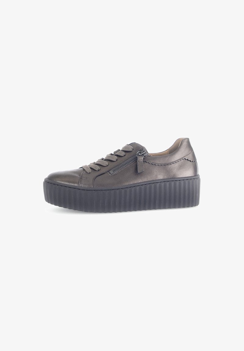 Dark gray leather sneaker with a rounded toe, side zipper, and ribbed black platform sole. Features lace-up front with matching laces.