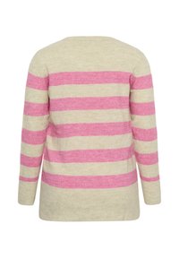 Pull à manches longues avec larges rayures horizontales beige et rose, vu de dos sur un fond blanc.