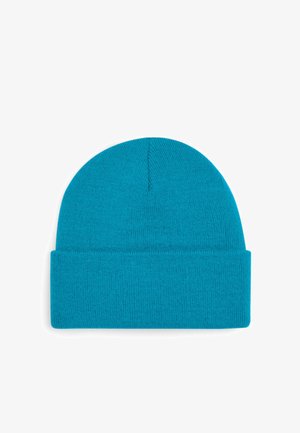Knitted beanie in bright turquoise color; features a rolled cuff and smooth texture with a seamless top design.