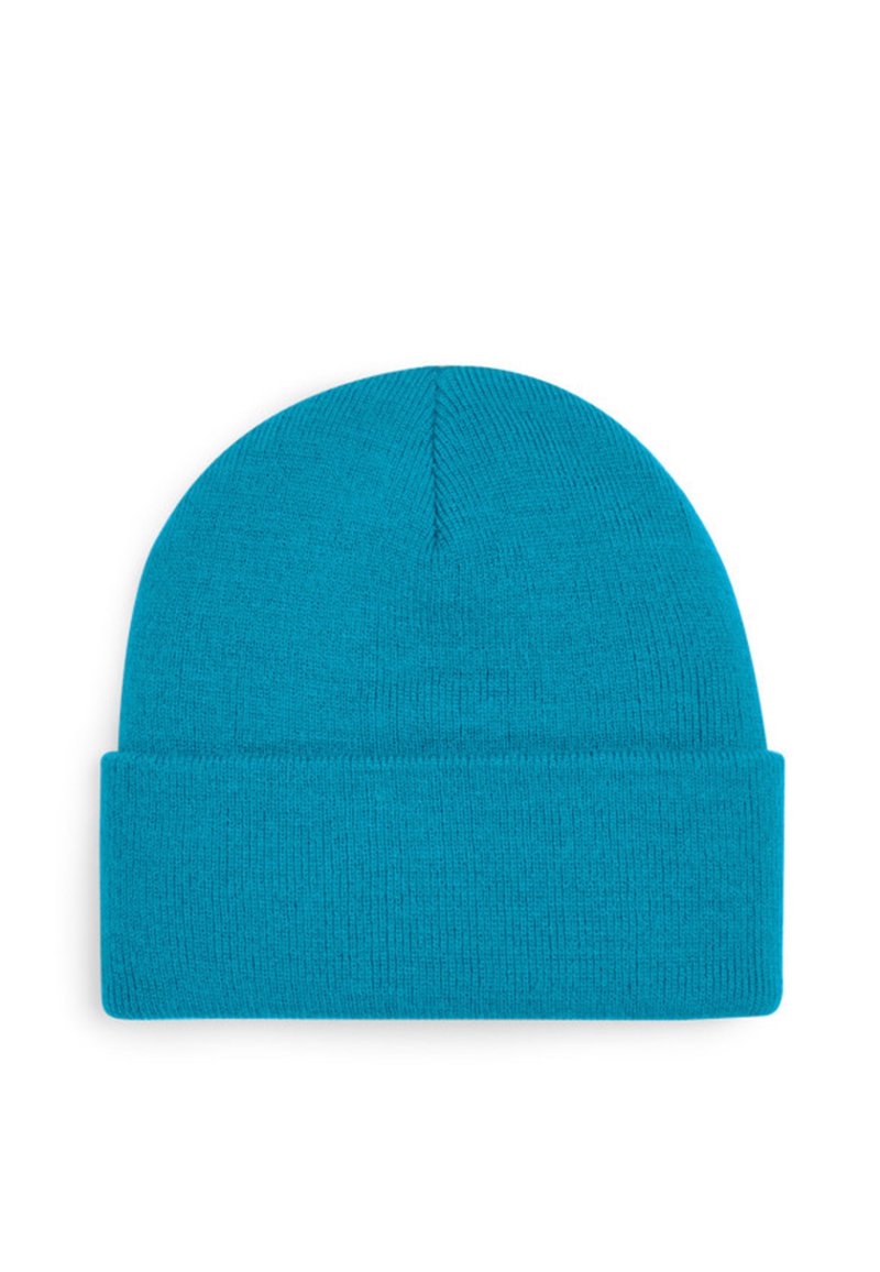 Knitted beanie in bright turquoise color; features a rolled cuff and smooth texture with a seamless top design.