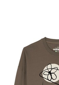 Bruine katoenen hoodie met een ronde grafiek van een zwarte lijntekening van een bloem op een beige achtergrond. Ribbelboord aan de hals en mouwen.