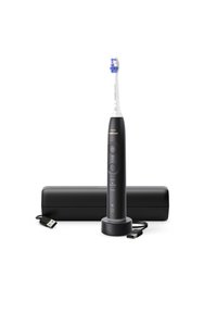 Brosse à dents électrique Sonicare noire avec une tête de brosse blanche, station de charge et câble USB. Boutons de contrôle et lumières indicatrices sur le corps.