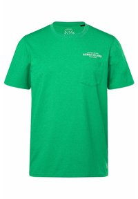 Zielony T-shirt z krótkim rękawem wykonany z mieszanki bawełny, z kieszonką na piersi i nadrukowanym tekstem "HAPUNA BEACH HAWAII ISLAND STATE PARK."