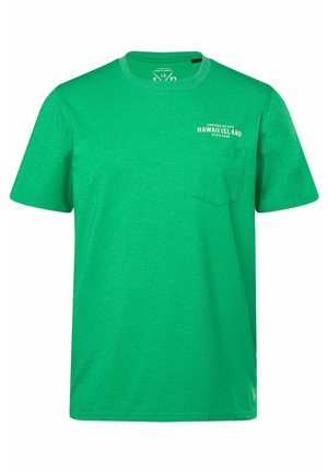 Groene t-shirt met korte mouwen van een katoenmengsel, met een borstzak en geprinte tekst die luidt: "HAPUNA BEACH HAWAII ISLAND STATE PARK."