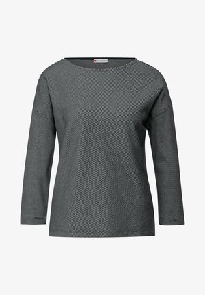 Zwart-witte gestreepte long sleeve top met een brede halslijn en een relaxte pasvorm. Heeft een subtiele textuur en zijsplits voor extra comfort.