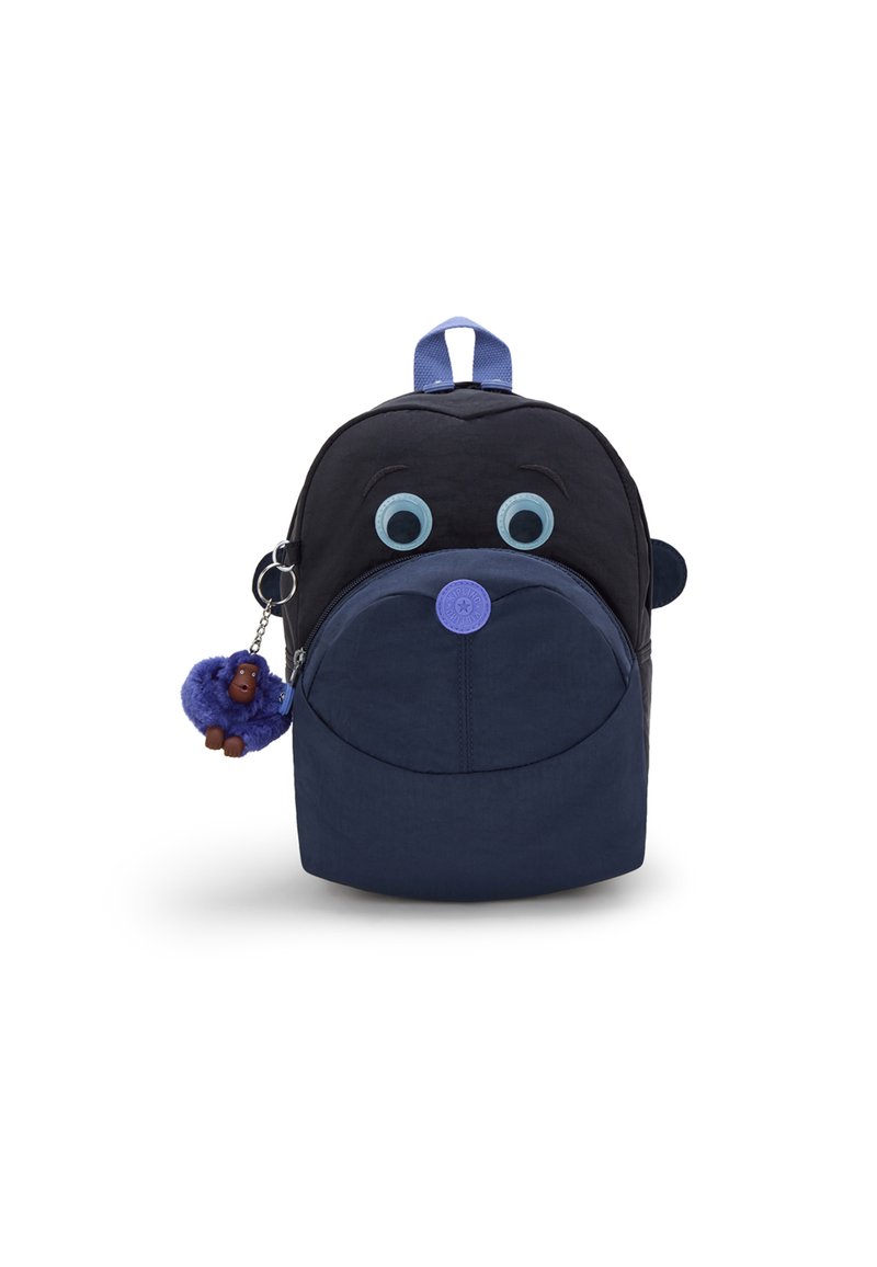 Zaino per bambini nero e blu con faccia da cartone animato, grandi occhi blu, tasca rotonda con zip e un portachiavi peloso viola a forma di scimmia.