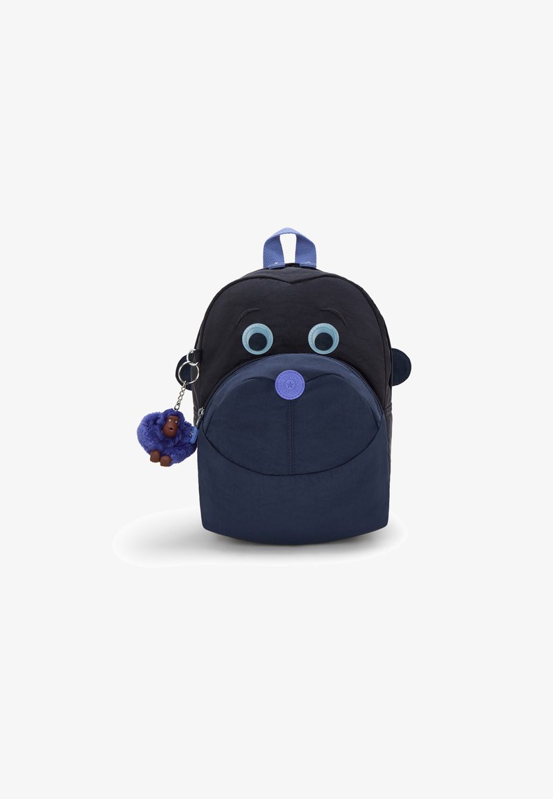 Sac à backpack pour enfants en noir et bleu avec un visage de dessin animé, de grands yeux bleus, une poche zippée ronde et un porte-clés en fourrure violette avec un singe.
