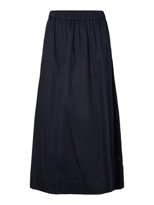Jupe longue bleu marine avec taille élastique et coupe droite, ample, sans motifs ni ornements.