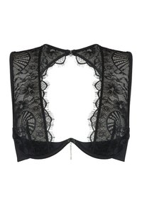 Zwart kant bralette met een open rug, florale patronen, geschulpte randen en een decoratieve midden sluiting met een kleine versiering.