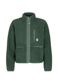 Zelena flis jakna s teksturiranom vanjštinom, visokim kragnom, dugmadi na pritisak i dva prednja džepa sa zatvaračem. Ima džep na prsima i detalj s logotipom.