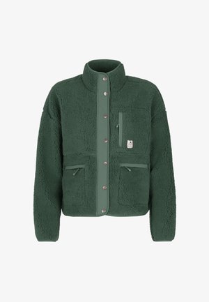 Grüne Fleecejacke mit strukturiertem Außenmaterial, hohem Kragen, Druckknöpfen und zwei vorderen Reißverschlusstaschen. Besitzt eine Brusttasche und ein Logodetail.
