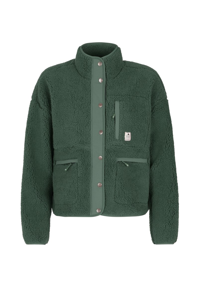 Zelena flis jakna s teksturiranom vanjštinom, visokim kragnom, dugmadi na pritisak i dva prednja džepa sa zatvaračem. Ima džep na prsima i detalj s logotipom.