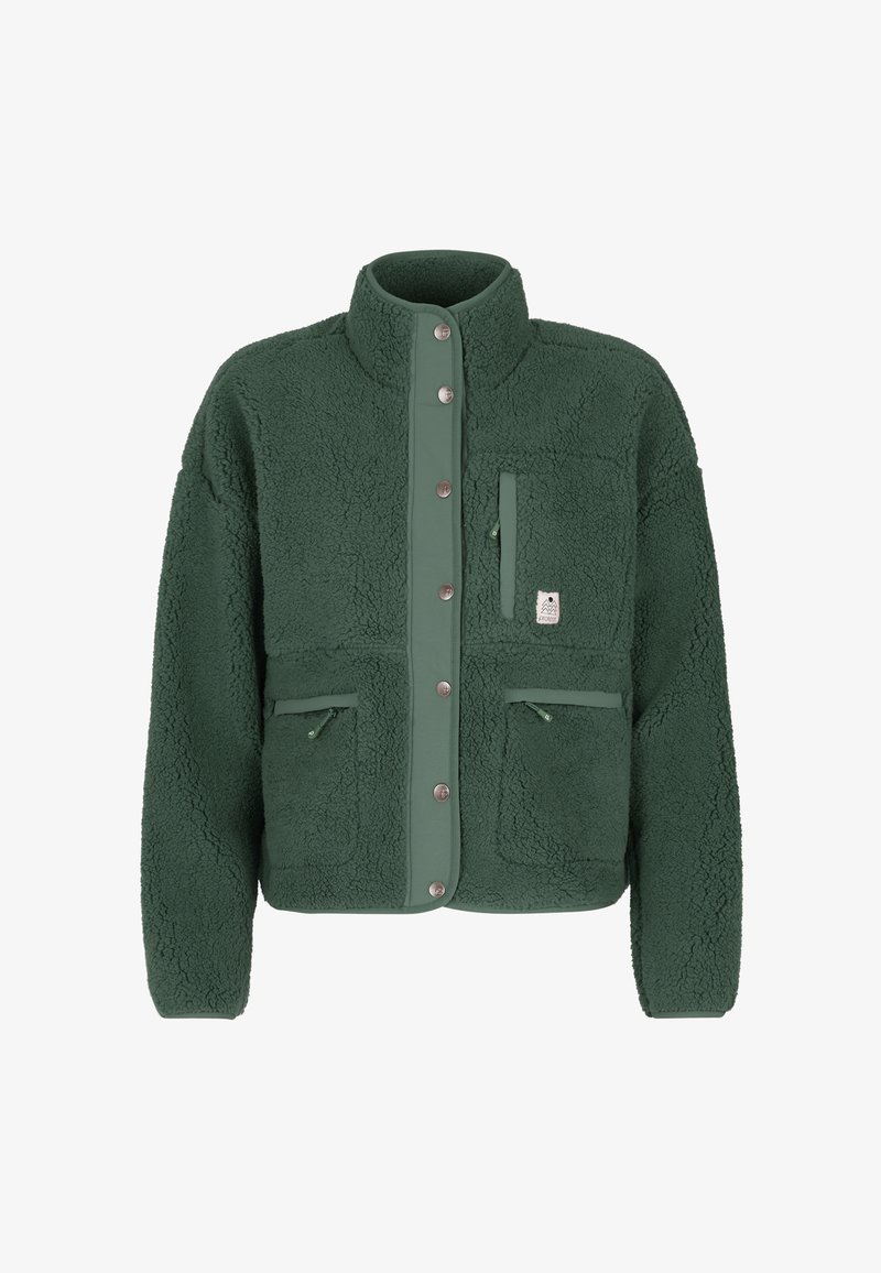 Zelena flis jakna s teksturiranom vanjštinom, visokim kragnom, dugmadi na pritisak i dva prednja džepa sa zatvaračem. Ima džep na prsima i detalj s logotipom.