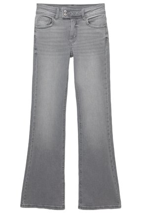 Šedé rozšířené džíny s dvojitým zapínáním, předními a mincovními kapsami a vybledlým detailem po celém materiálu.