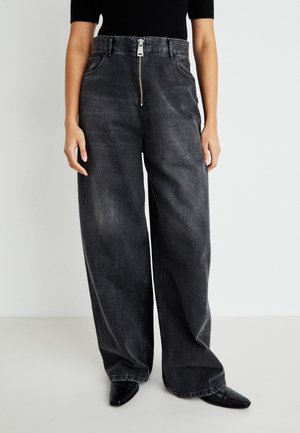 Jeans neri a vita alta e gamba larga con zip frontale, realizzati in denim. Presentano una texture sbiadita e tasche discrete.
