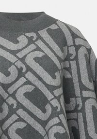 Szary sweter dzianinowy z kontrastowym jaśniejszym szarym wzorem logo, okrągłym dekoltem i miękką teksturą. Widok na górną część ciała, luźny krój.