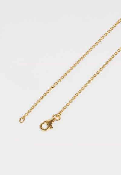 Gul metal kæderekser med små led. Har en krabbe-lås og et åbent led i enden. Glat tekstur og blank finish.