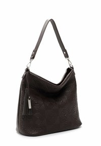 Borsa a tracolla in pelle marrone con un motivo geometrico in rilievo, superficie liscia, una sola tracolla e un accent tassel.