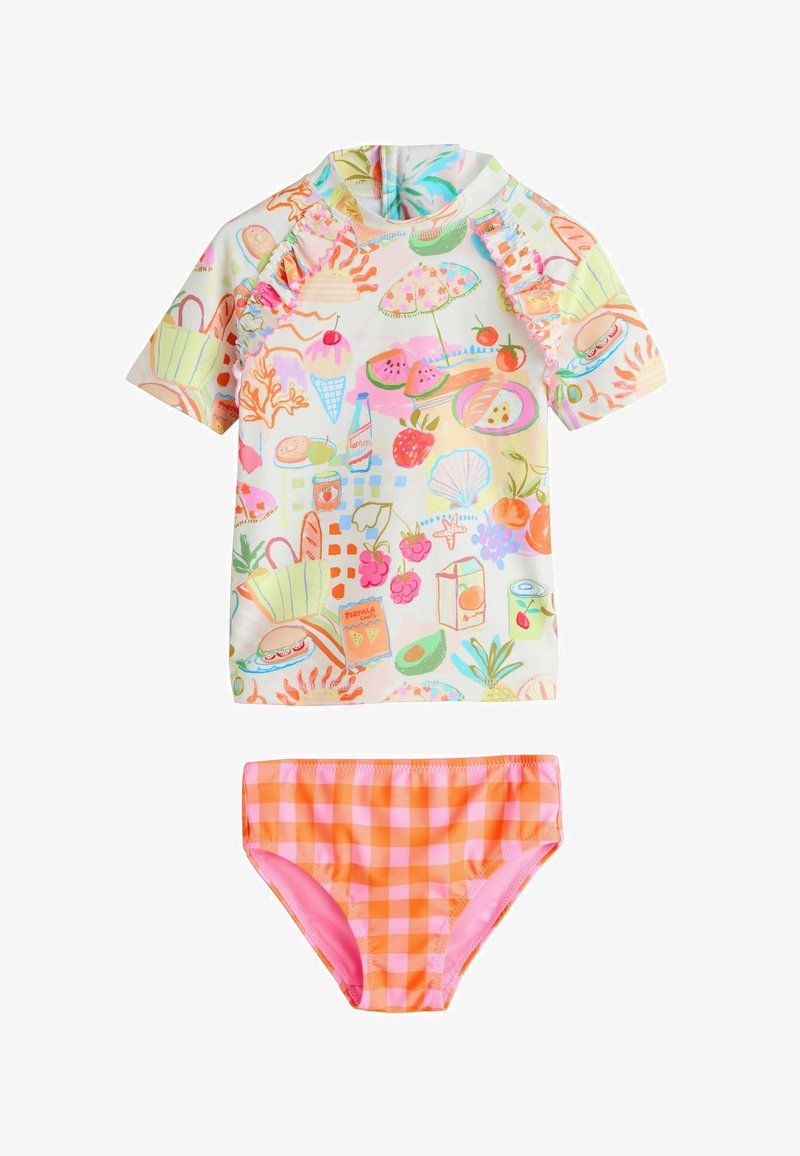 Maillot de bain deux pièces pour filles avec haut à manches courtes imprimé coloré de nourriture et de plage, et bas de bikini à carreaux orange et rose.