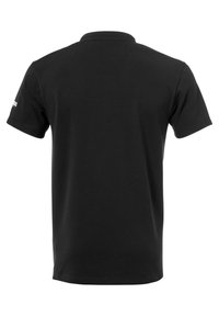 Black polo shirt featuring a standard collar and short sleeves, displaying a smooth texture without visible patterns or accents.