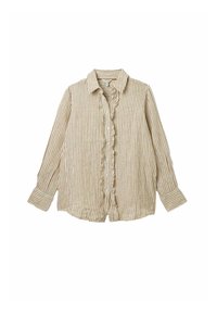 Blouse à manches longues beige et blanche à rayures verticales, avec patte de boutonnage à volants et col classique, posée à plat sur un fond blanc.