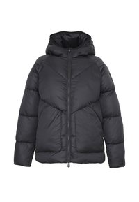 Giacca a vento nera con cappuccio, caratterizzata da una chiusura a zip frontale, design trapuntato e pannelli geometrici. Texture liscia con polsini e orlo elasticizzati.
