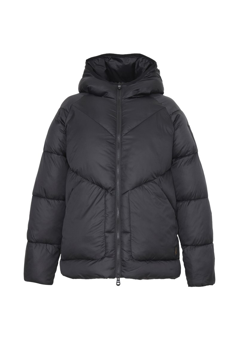 Giacca a vento nera con cappuccio, caratterizzata da una chiusura a zip frontale, design trapuntato e pannelli geometrici. Texture liscia con polsini e orlo elasticizzati.