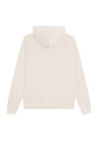 Felpa crema con una texture morbida, maniche lunghe, cappuccio con coulisse e polsini e orlo a coste. Nessun logo o motivo visibile.