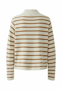 Helles Cremefarbenes Sweatshirt mit braunen horizontalen Streifen, ribbeligem Rundhalsausschnitt und langen Ärmeln. Weicher Stoff, lässige, kastige Passform und keine sichtbaren Verschlüsse.