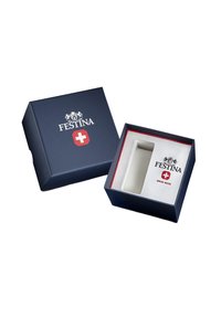 Caja de reloj de cartón azul marino con el logo "Festina" y la bandera suiza en la tapa; interior suave blanco con un hueco para el reloj.
