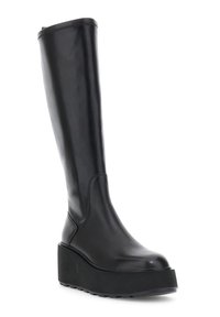 Stivale nero in pelle con plateau alto, suola spessa e punta arrotondata, caratterizzato da cuciture minimaliste e finitura liscia.